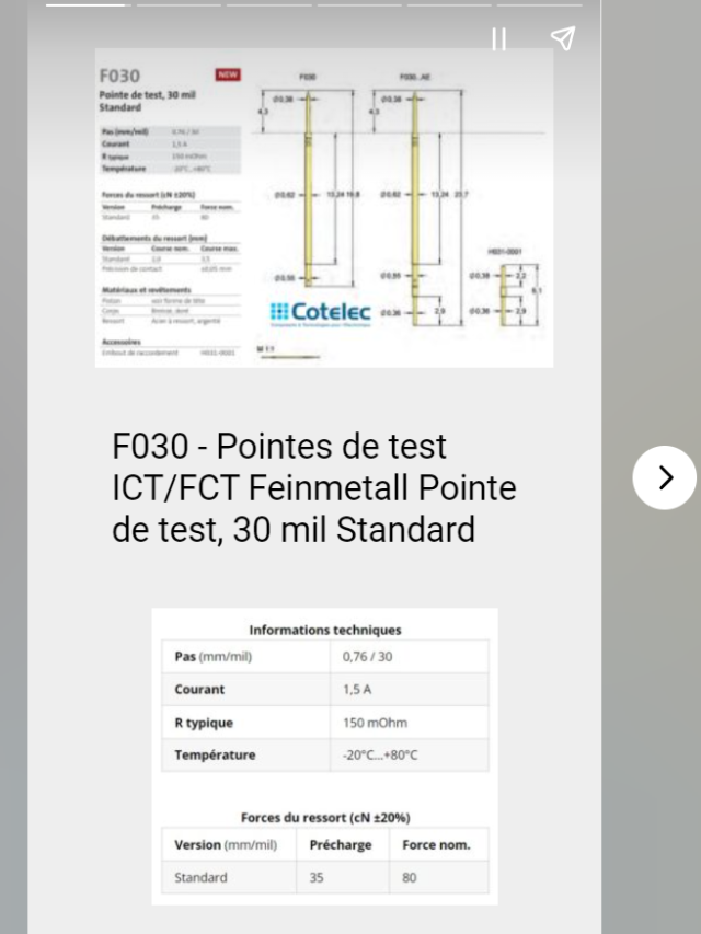 F030 – Pointes de test ICT/FCT Feinmetall Pointe de test, 30 mil Standard